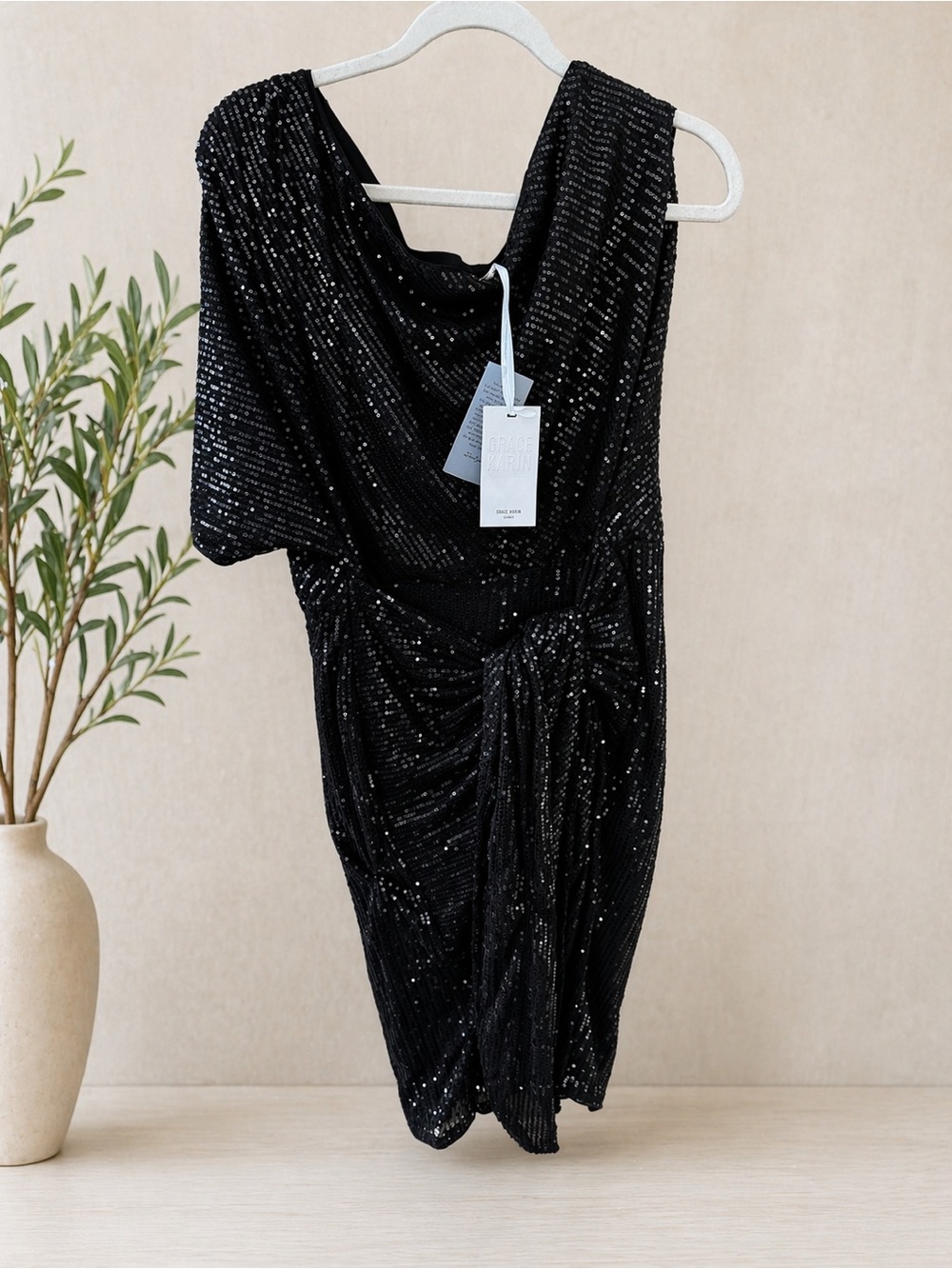 Grace Karin Black One-Shoulder Sequin Cocktail Dress